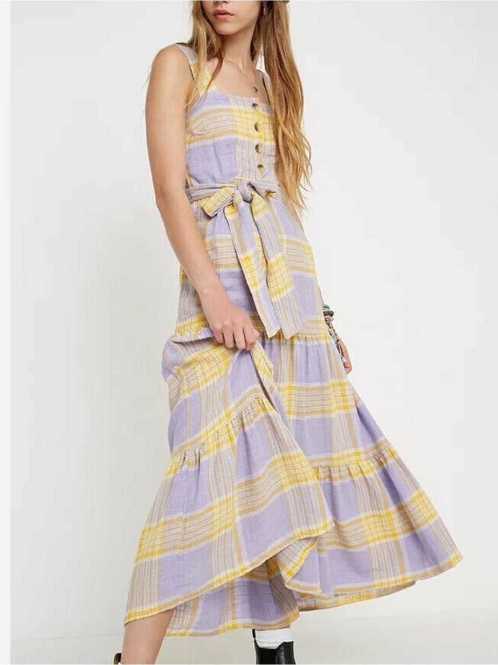 Urban outfitters Katy slub purple yellow plaid belted maxi flowy dress sz xs